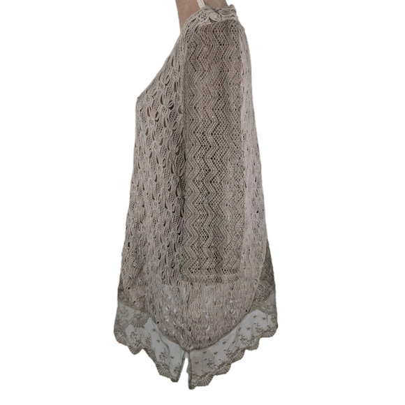 Chico's Nora Linen L XL Mixed Media Modern Asymmetrical Open Knit Tan Pullover - Picture 2 of 9